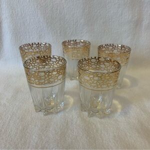 Vintage French Shot glasses Gold Detailing “Star” Base 1950’s Set of 5